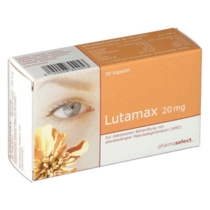 Verpackung von Lutamax 20 mg, 30 Kapseln, zur diätetischen Behandlung von altersbedingter Makuladegeneration