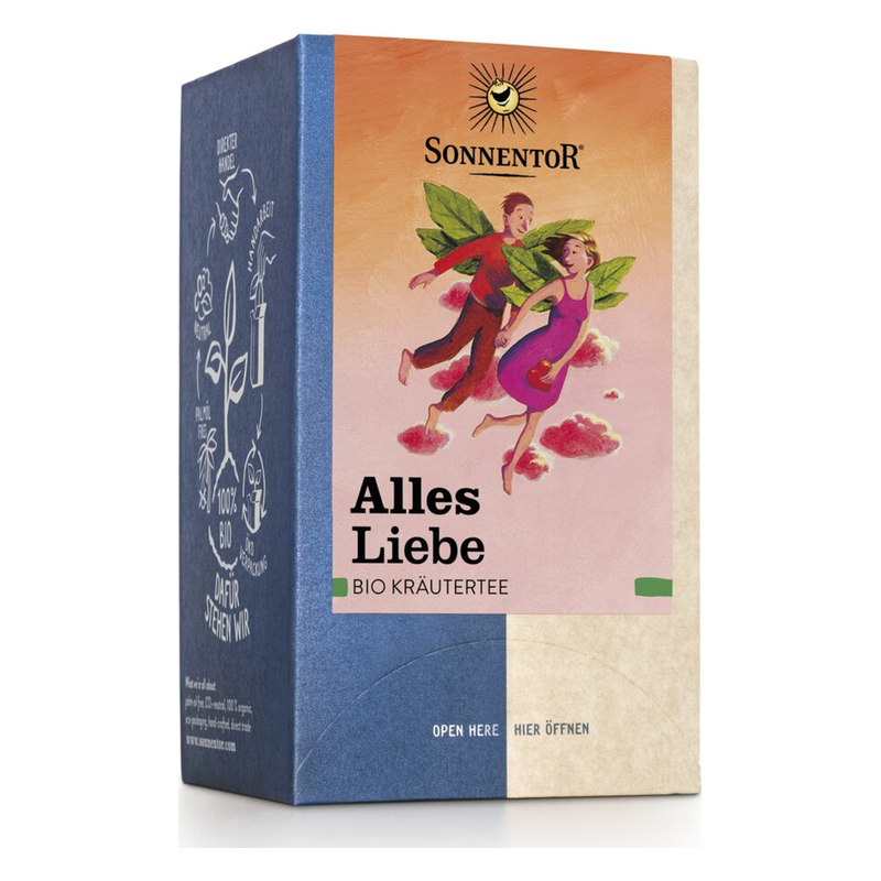 Packung mit dem Aufdruck 'Alles Liebe', die Bio-Kräuterteemischung darstellt, zeigt illustrierte tanzende Paare.