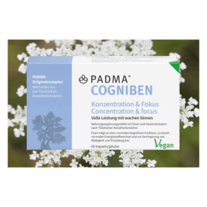 Verpackung von PADMA COGNIBEN für Konzentration und Fokus, mit pflanzlicher Illustration und veganem Hinweis.