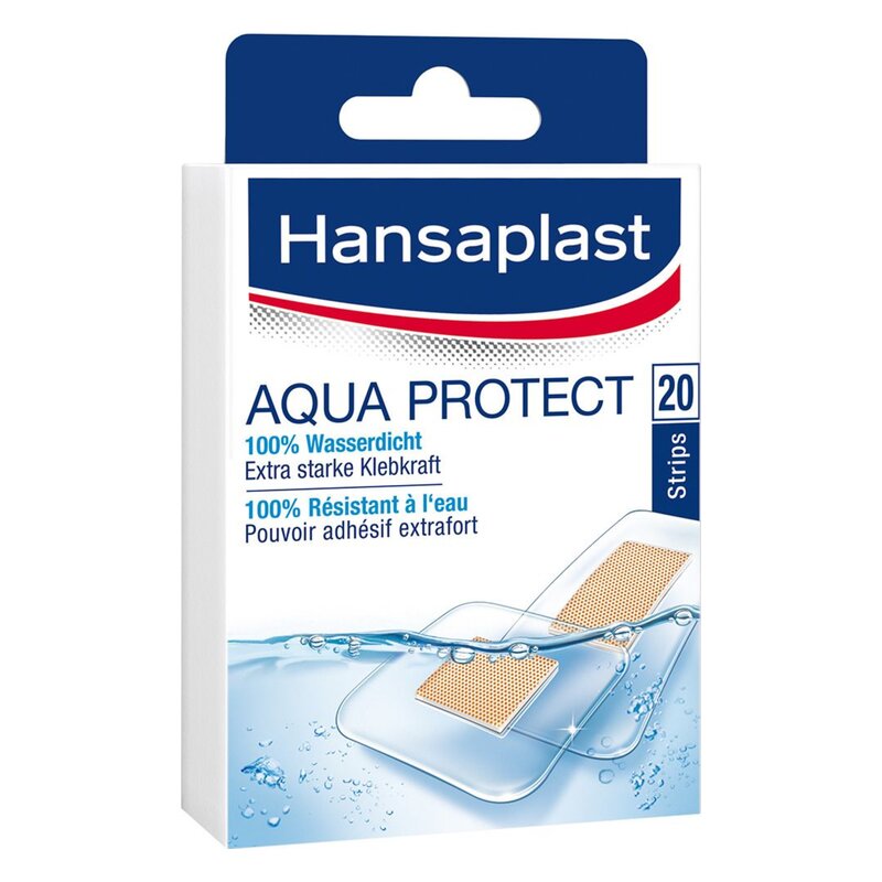 Verpackung von Hansaplast Aqua Protect mit Wasserdesign, 100% wasserdicht und extra starker Klebkraft.