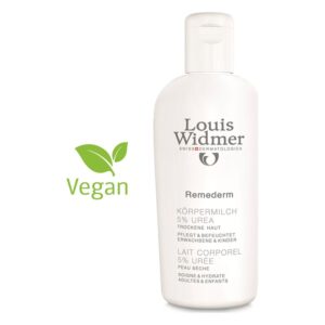 Flasche mit Körpermilch von Louis Widmer, 5% Urea, für trockene Haut, vegan, mit einem grünen Blatt-Symbol.
