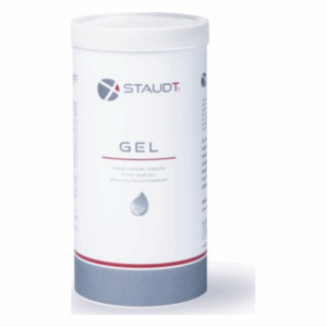 Runde, weiße Verpackung mit Schraubverschluss und rotem und grauem Schriftzug, gekennzeichnet mit "GEL".