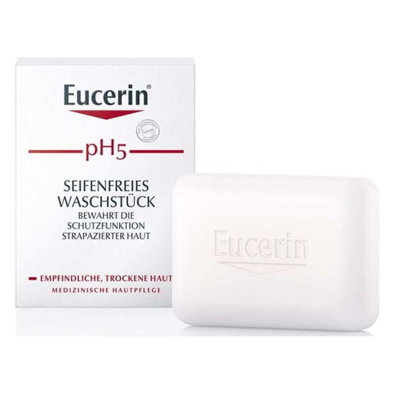 Eucerin pH5 seifenfreies Waschstück in weißer Verpackung, geeignet für empfindliche, trockene Haut.