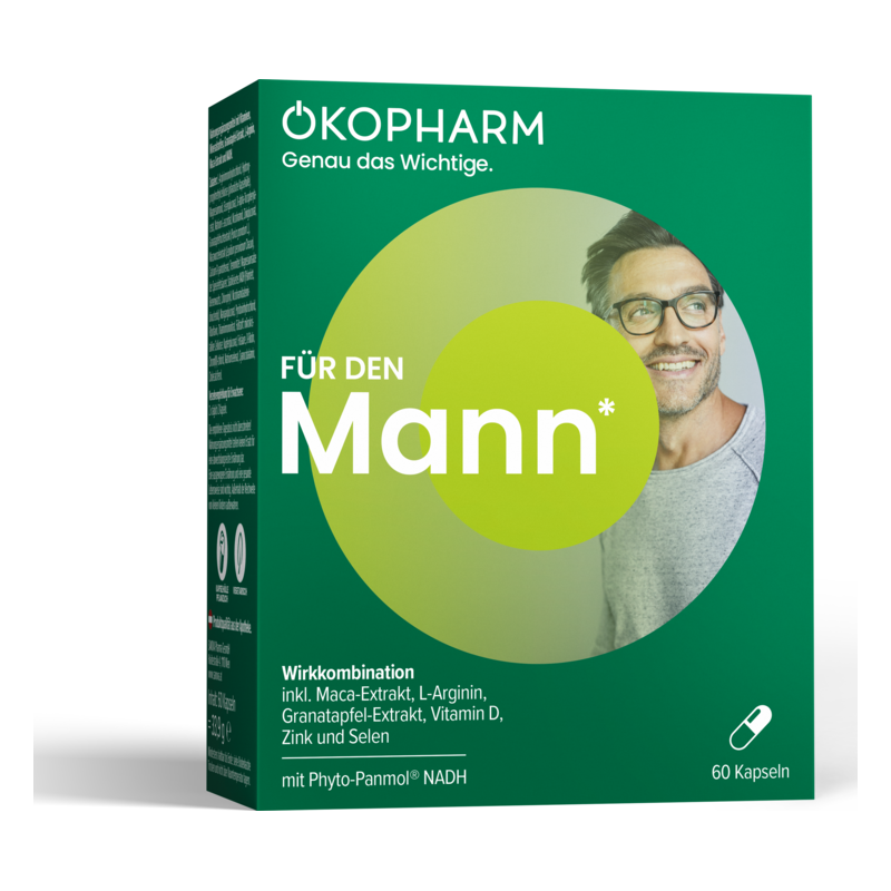 Grüne Verpackung mit dem Text 'Für den Mann', Angaben zu Inhaltsstoffen und 60 Kapseln, darunter pflanzliche Extrakte.