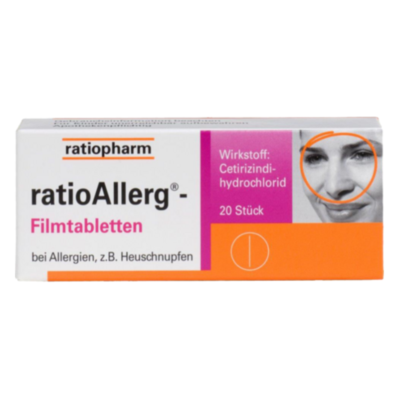 Packung von ratioAllerg Filmtabletten mit Wirkstoff Cetirizin-hydrochlorid, erhältlich bei Allergien