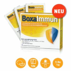 Verpackung von BoxaImmun, einem Nahrungsergänzungsmittel zur Unterstützung des Immunsystems, mit 12 Beuteln Pulver für Zitronengeschmack.