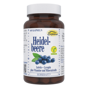 Braune Flasche mit Kapseln, beschriftet mit "Heidelbeere" und den Inhaltsstoffen Lutein, Lycopin sowie Vitaminen.