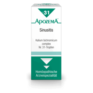 Homöopathisches Medikament gegen Sinusitis in einer schlanken, weißen Verpackung mit grünen Akzenten.