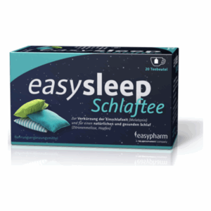 Verpackung von easy sleep Schlaftee mit bunten Kissen und einer Beschreibung zur Verwendung für besseren Schlaf.
