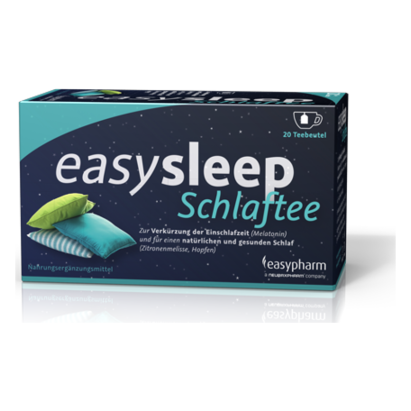Verpackung von easy sleep Schlaftee mit bunten Kissen und einer Beschreibung zur Verwendung für besseren Schlaf.