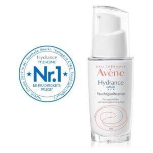 Flasche mit Avene Hydrance Intensiv Feuchtigkeitsserum für empfindliche Haut, versehen mit Auszeichnung Nr. 1 für Feuchtigkeitspflege.