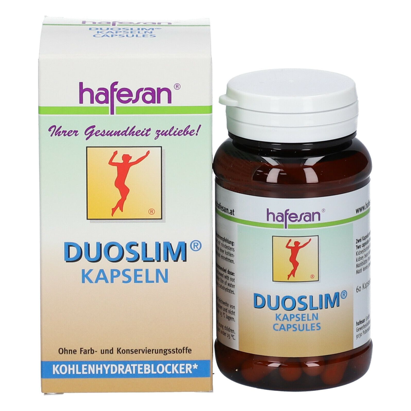 Braunes Fläschchen mit Duoslim-Kapseln, verpackt in einer bunten Schachtel, die Gesundheitsthemen anspricht.