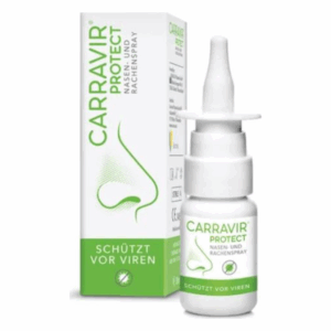 Flasche mit Carravir Protect Nasen- und Rachenspray in weiß mit grünen Akzenten, verpackt in einer umweltfreundlichen Box.