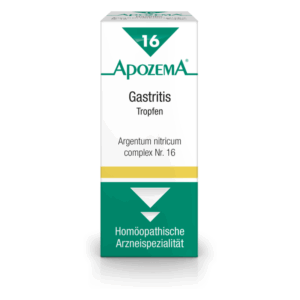 Packung mit homöopathischen Tropfen gegen Gastritis, zeigt grüne und gelbe Farben mit dem Hinweis auf die Inhaltstoffe.