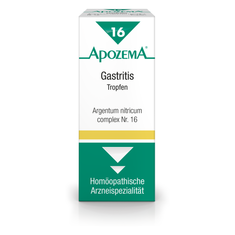 Packung mit homöopathischen Tropfen gegen Gastritis, zeigt grüne und gelbe Farben mit dem Hinweis auf die Inhaltstoffe.