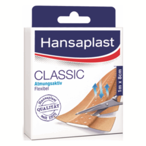 Verpackung von Hansaplast Classic, atmungsaktives und flexibles Pflaster, sichtbar sind Scheren und Maßangaben.