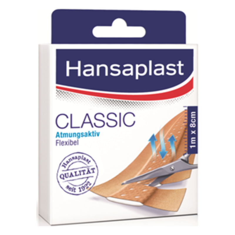 Verpackung von Hansaplast Classic, atmungsaktives und flexibles Pflaster, sichtbar sind Scheren und Maßangaben.