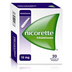 Packung mit Nicorette Inhalatoren, 15 mg, die zur Unterstützung bei der Raucherentwöhnung dienen.
