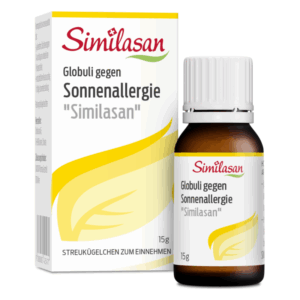 Packung und Flasche mit Similasan Globuli gegen Sonnenallergie, orange und gelb gehaltene Gestaltung.