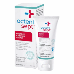 Tube mit der Bezeichnung 'Octeni Sept Protect & Repair Cream' und einer Schutz- und Pflegebeschreibung für die Haut.