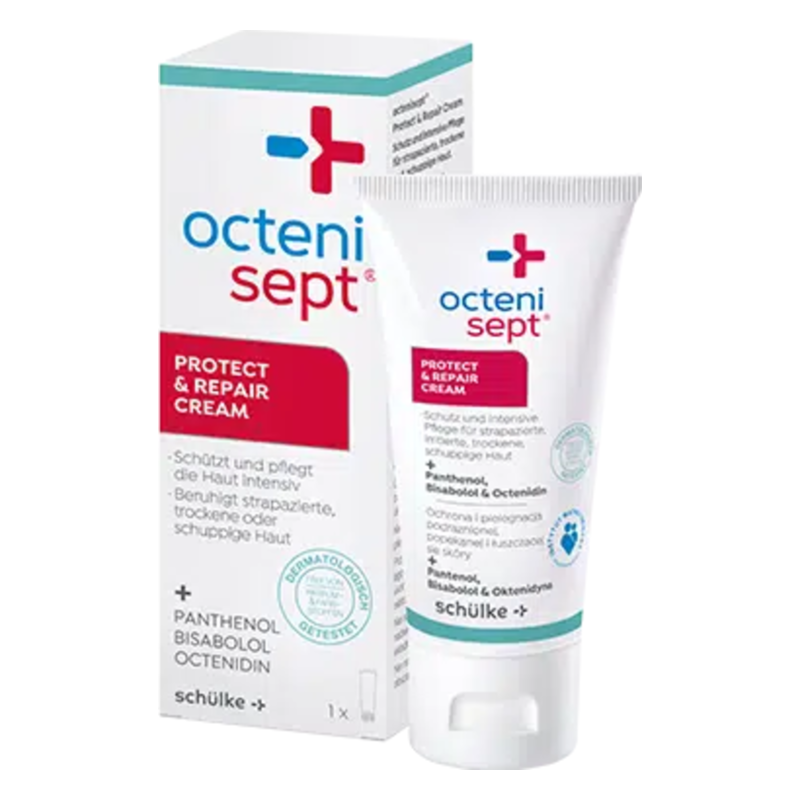 Tube mit der Bezeichnung 'Octeni Sept Protect & Repair Cream' und einer Schutz- und Pflegebeschreibung für die Haut.