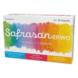 Monatspackung Safrasan mit Safran und Griffonia in einer bunten Verpackung, unterstützt das Nervensystem und die Stimmung.