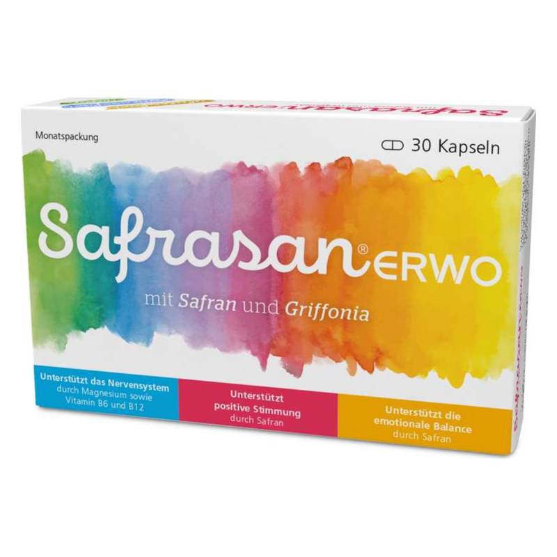 Monatspackung Safrasan mit Safran und Griffonia in einer bunten Verpackung, unterstützt das Nervensystem und die Stimmung.