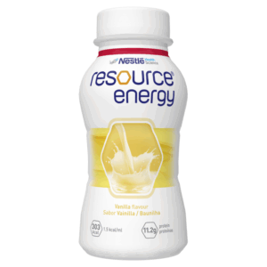 Flasche mit Vanillegeschmack von resource energy, mit einem flüssigen, hellen Inhalt und einem leicht geschwungenen Design.