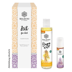 Verpackung mit dem Aufdruck "Zeit für dich", enthalten sind Yoga-Raumspray und Buddhaduft-Roll-On.