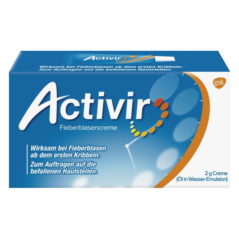 Verpackung von Activir Fieberblasencreme, blau mit Informationen zur Anwendung bei Fieberblasen.
