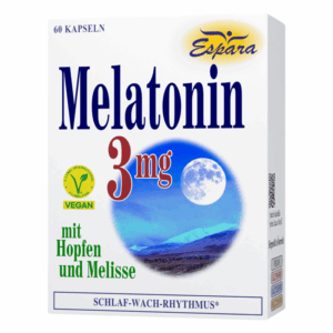 Verpackung von Espara Melatonin 3mg, mit der Aufschrift 'vegan', Bild eines Mondes und Landschaft im Hintergrund.