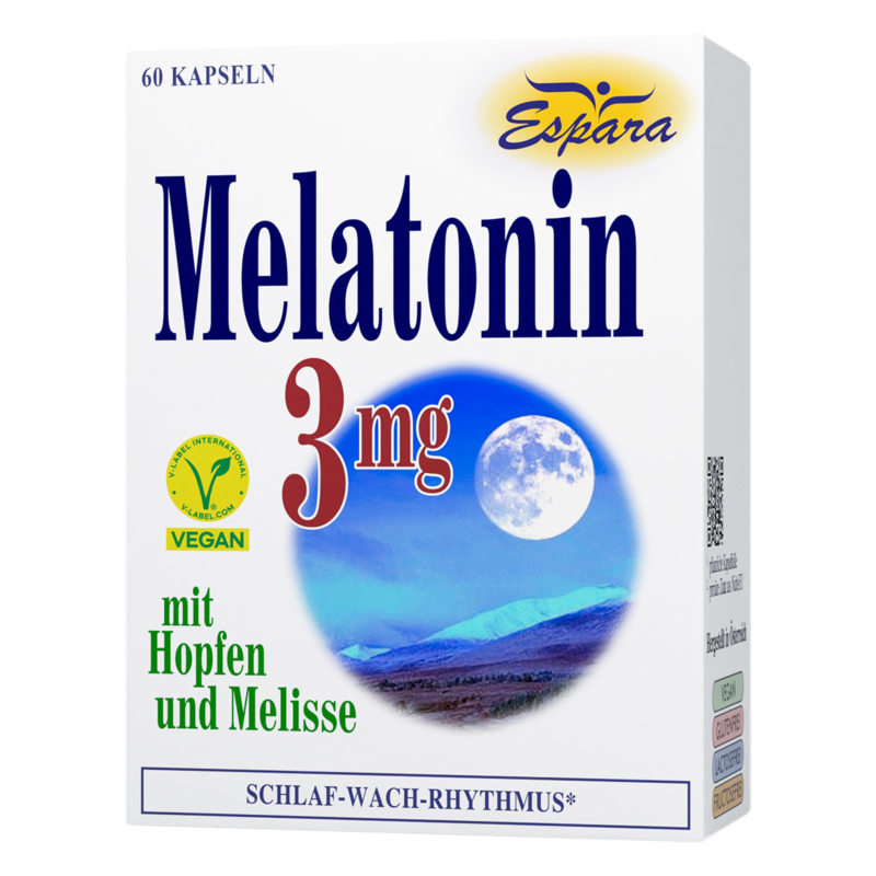 Verpackung von Espara Melatonin 3mg, mit der Aufschrift 'vegan', Bild eines Mondes und Landschaft im Hintergrund.