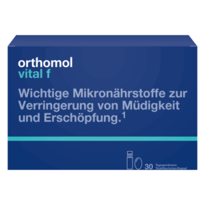 Verpackung von orthomol vital f mit Informationen zu Mikronährstoffen gegen Müdigkeit, in blauer Box.