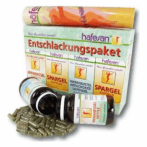 Entschlackungspaket von Hafesan mit verschiedenen Kapseln und einem Informationsblatt, umgeben von Kapseln.
