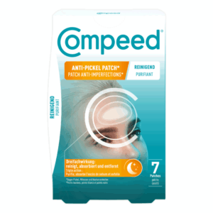 Verpackung von Compeed Anti-Pickel Patches mit blauer Hintergrundfarbe und Informationen zur reinigenden Wirkung.