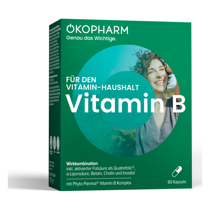 Verpackung für Vitamin-B-Kapseln von Okopharm mit Informationen zur Wirkstoffkombination und Anwendung.