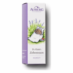 Lila Verpackung des Raumsprays "Zirbentraum" mit Illustrationen einer schlafenden Figur und einer Schildkröte.