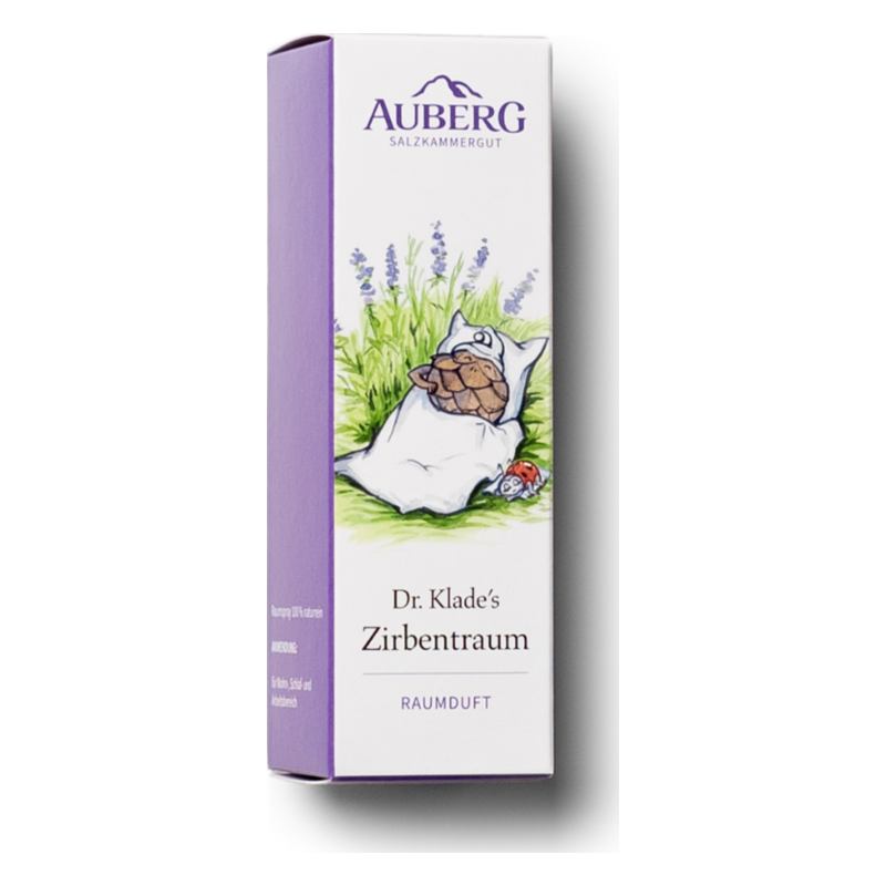 Lila Verpackung des Raumsprays "Zirbentraum" mit Illustrationen einer schlafenden Figur und einer Schildkröte.