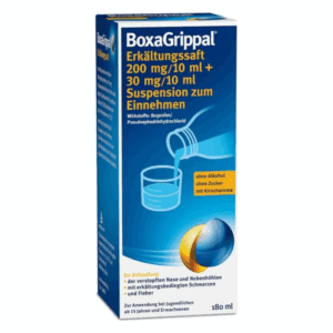Packung BoxaGrippal Erkältungssoff mit Abbildung eines Glases und einem angebotenen Getränk, 180 ml Inhalt, ohne Alkohol und Zucker.