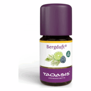 Brauner Flakon mit lila Schraubverschluss, beschriftet mit 'Bergduft®' und einem grünen Bio-Siegel.