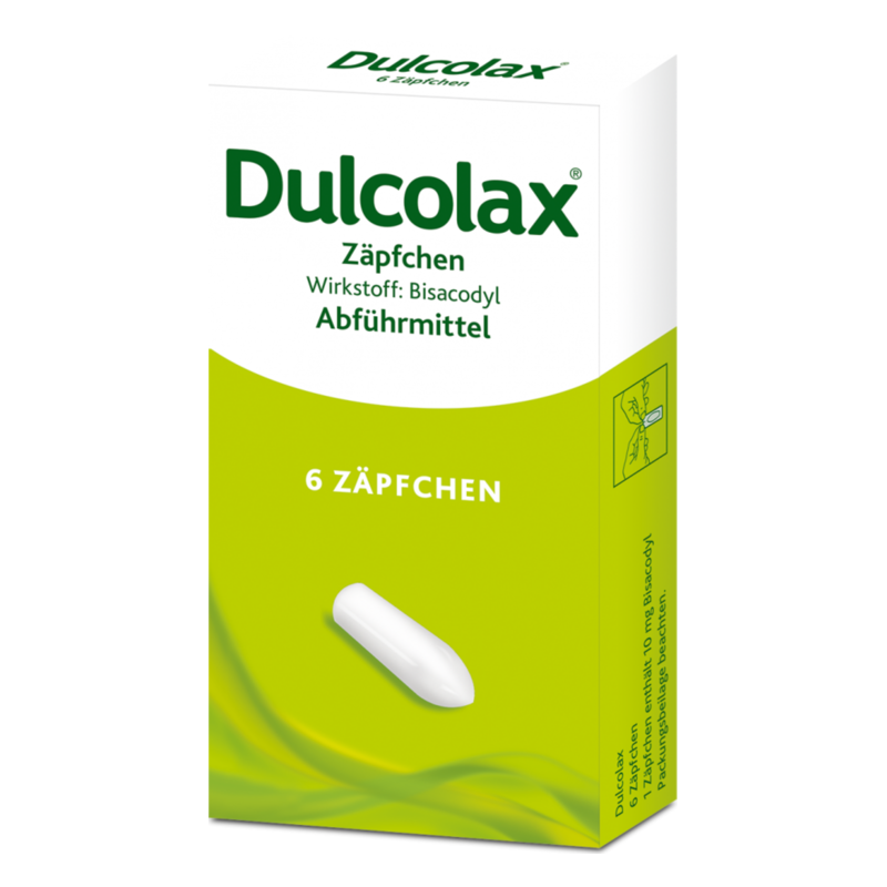 Verpackung von Dulcolax Zäpfchen mit dem Wirkstoff Bisacodyl, Abführmittel, grün-weiße Gestaltung.