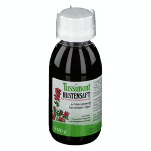 Braune Flasche mit Tussimont Hustensaft, etikettiert mit Heilpflanzen und Anwendungshinweisen.