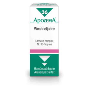 Verpackung von ApozeMA Lachesis complex Nr. 36-Tropfen für die Wechseljahre in einem weiß-grünen Karton.