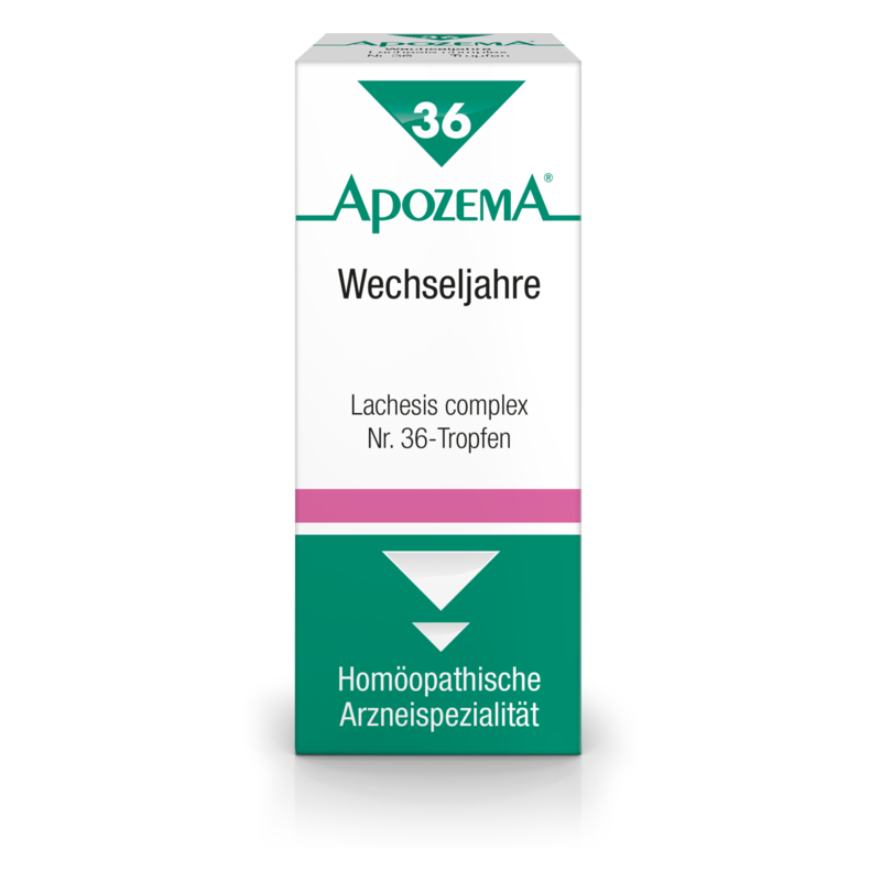 Verpackung von ApozeMA Lachesis complex Nr. 36-Tropfen für die Wechseljahre in einem weiß-grünen Karton.