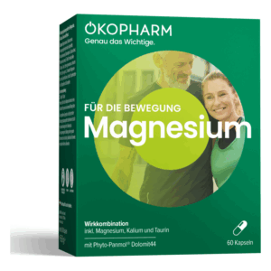 Verpackung einer Magnesiumpräparat mit grüner und blauer Farbgestaltung, zeigt aktive Menschen im Hintergrund.