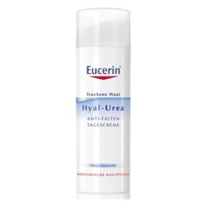 Eucerin Hyal-Urea Anti-Falten Tagescreme in einer weißen Kunststoffflasche mit Pumpe, für trockene Haut, ohne Duftstoffe.