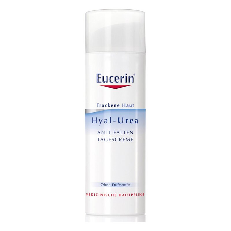 Eucerin Hyal-Urea Anti-Falten Tagescreme in einer weißen Kunststoffflasche mit Pumpe, für trockene Haut, ohne Duftstoffe.