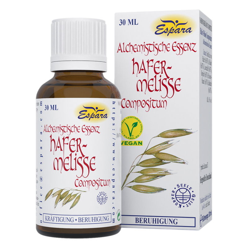 Braune Flasche mit alchemistischer Essenz Hafer-Melisse und Verpackung, die beruhigende Eigenschaften bewirbt.