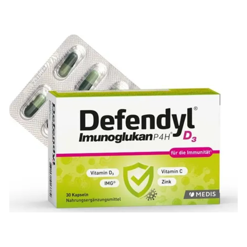 Packung mit Defendyl Immunoglukans mit 30 Kapseln, enthält Vitamin D3, C und Zink.
