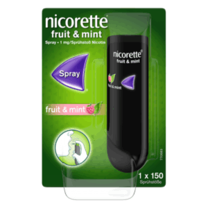 Nicorette Frucht- und Minzspray in schwarzer Verpackung mit grüner Blisterkarte und Hinweis auf die Anwendung.